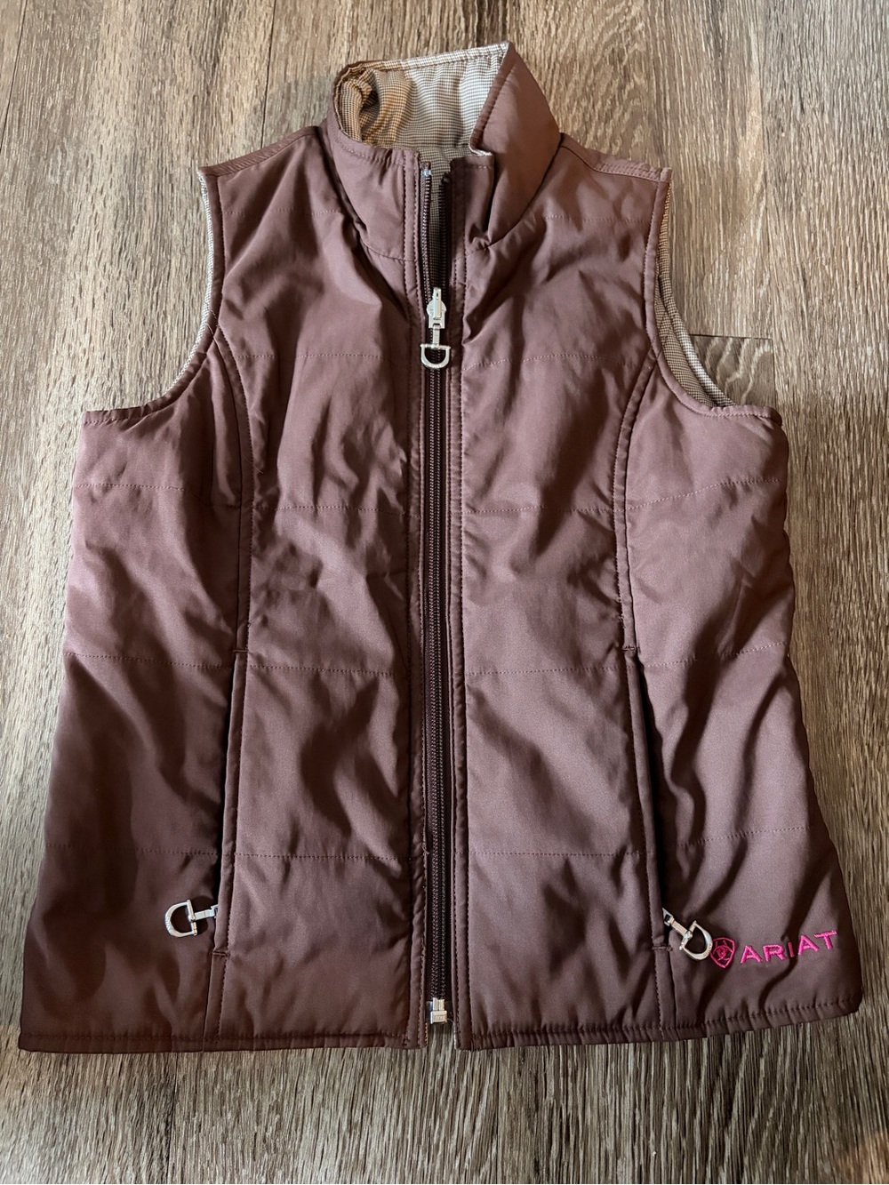Ariat Girls' Chocolate Brown Quilted Vest with Pink Logo Reversible